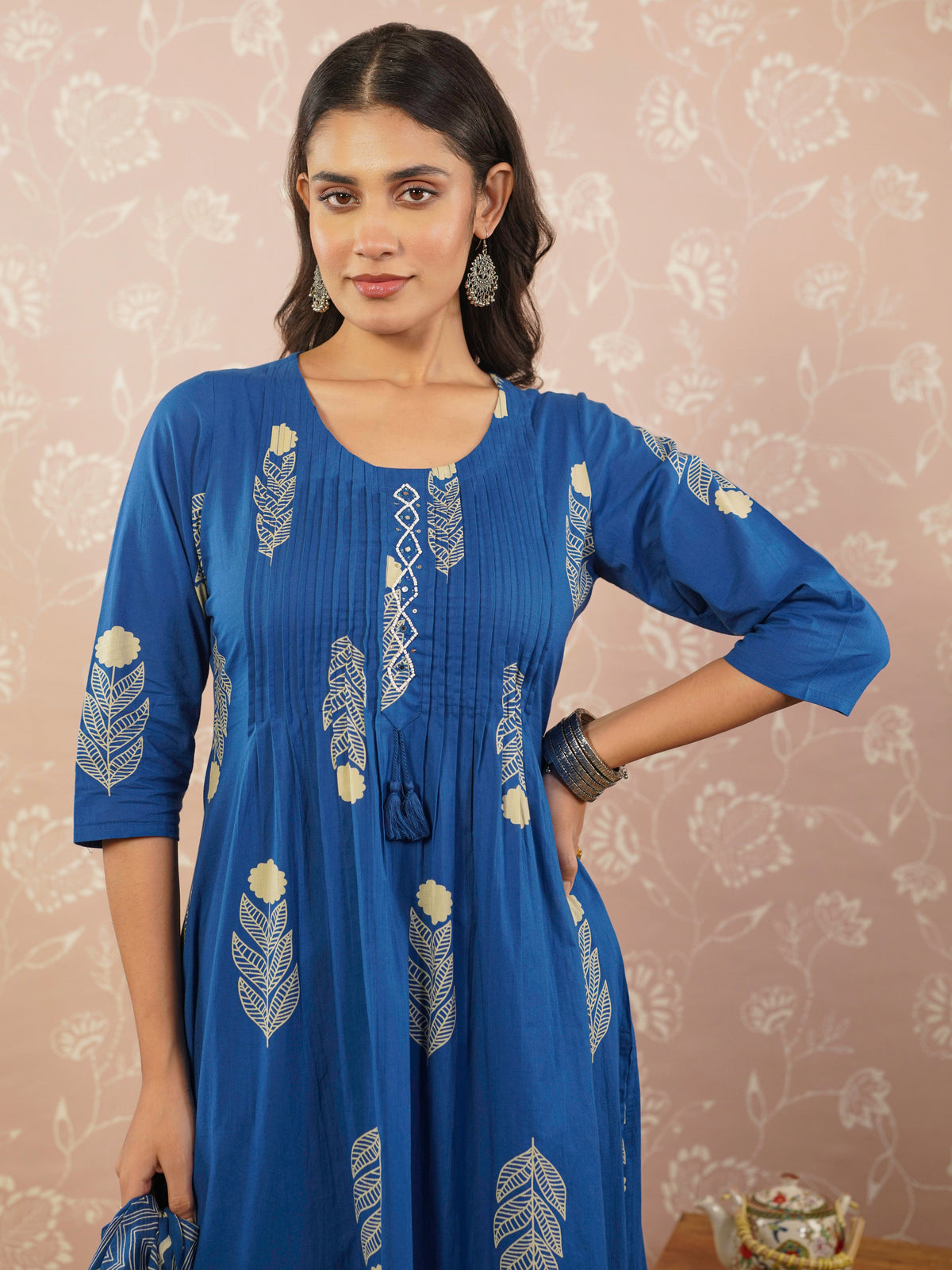 Embroidered soft cotton butta blue kurta