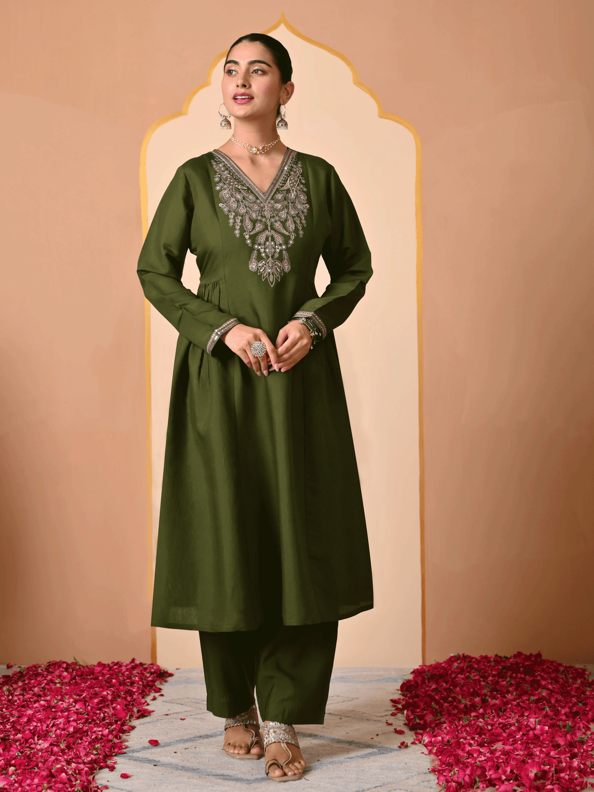 Embroidered Chanderi Solid Flared Green Kurta