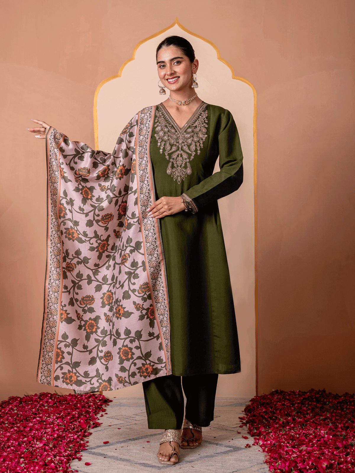Embroidered Chanderi Solid Flared Green Kurta