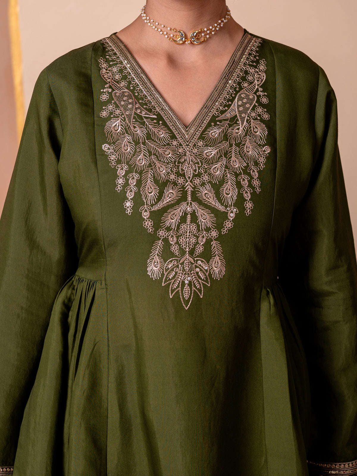 Embroidered Chanderi Solid Flared Green Kurta