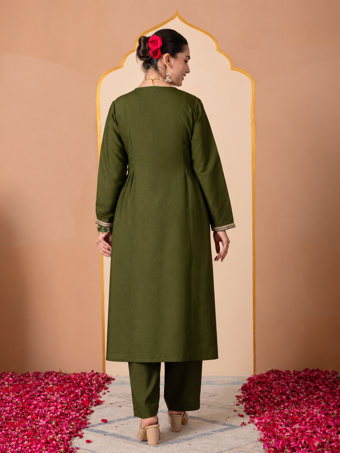 Embroidered Chanderi Solid Flared Green Kurta