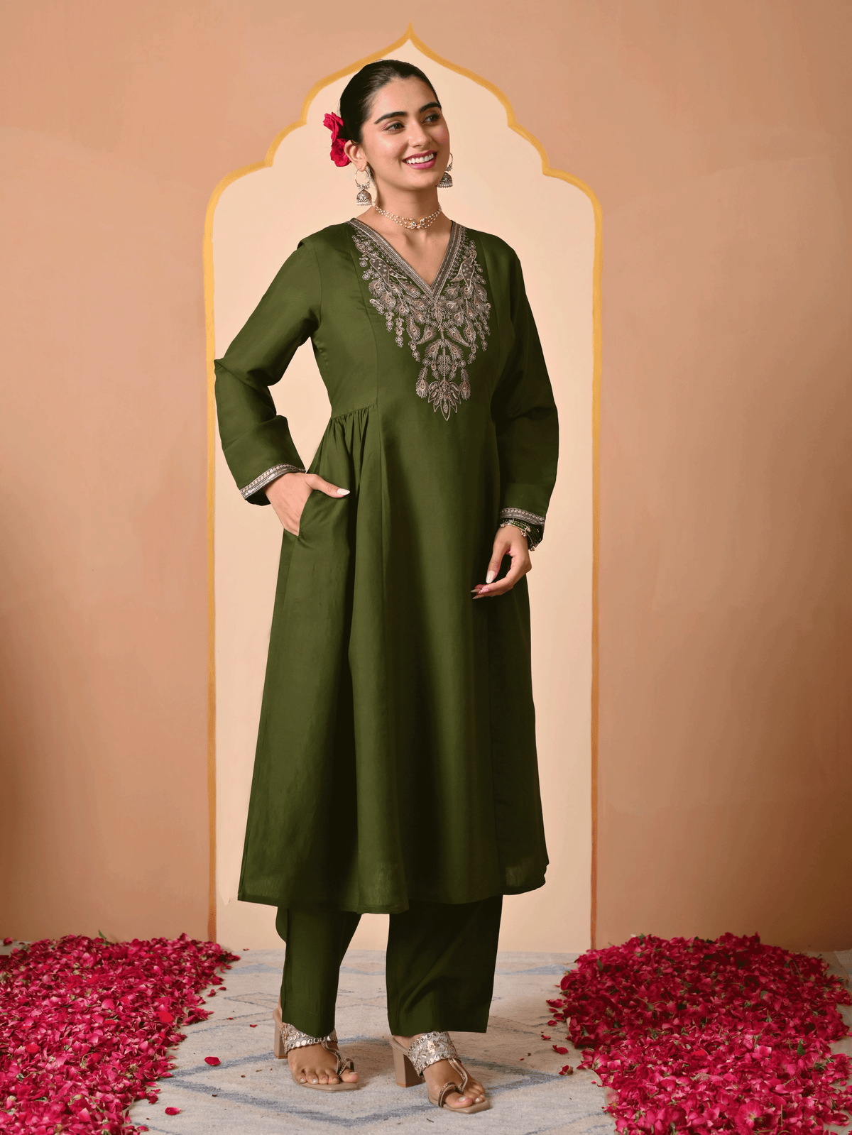 Embroidered Chanderi Solid Flared Green Kurta
