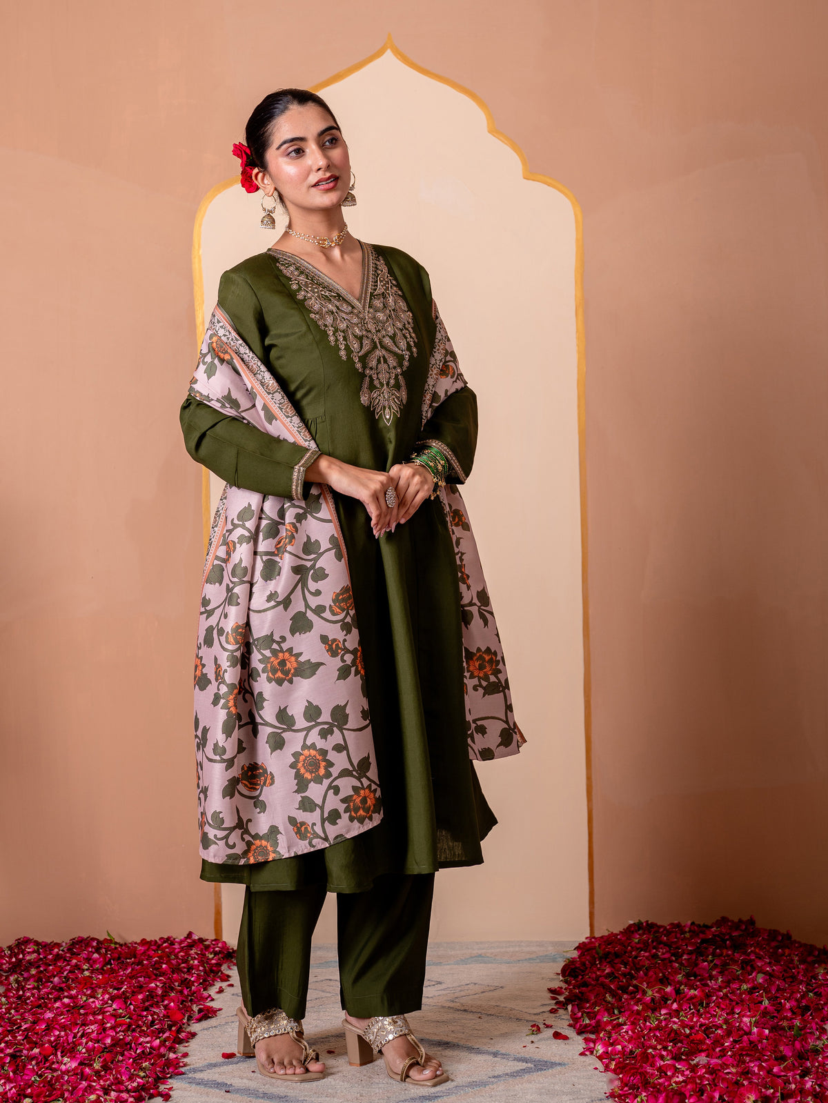 Embroidered Chanderi Solid Flared Green Kurta