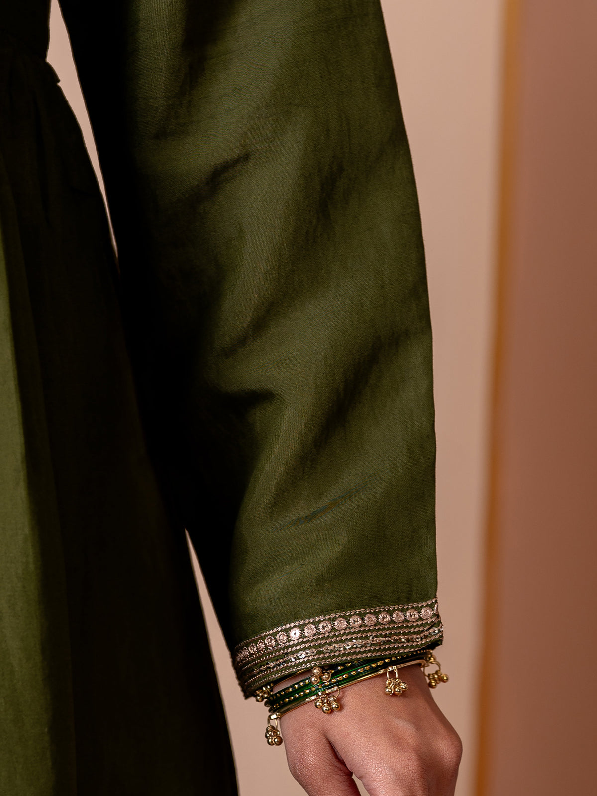 Embroidered Chanderi Solid Flared Green Kurta