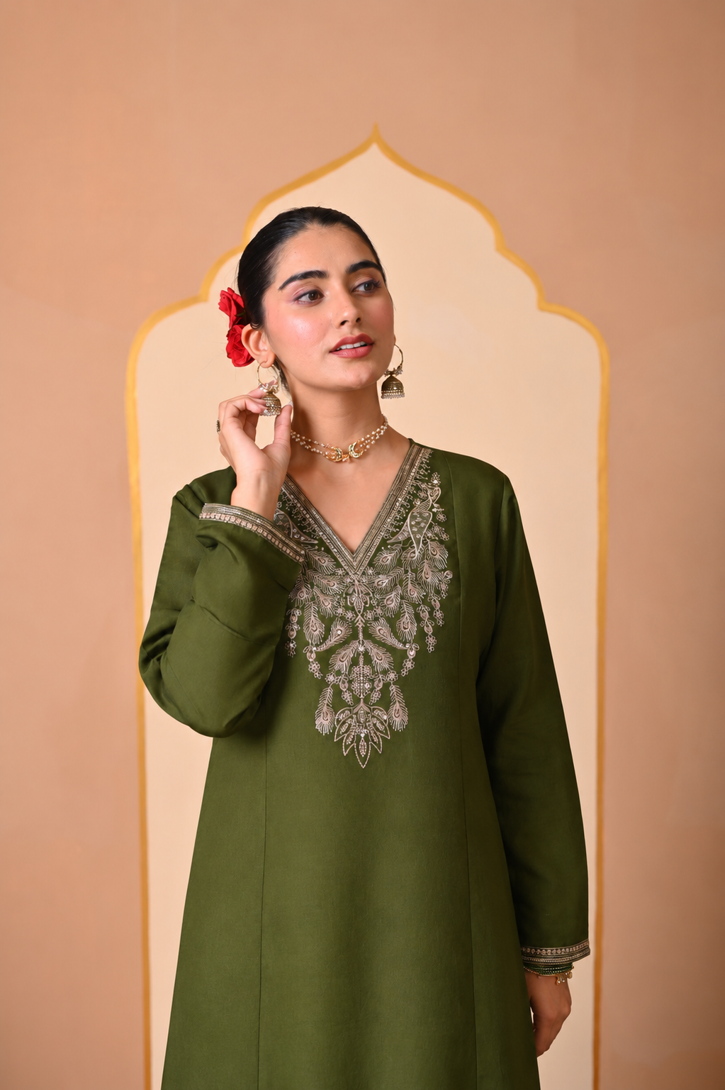 Embroidered Chanderi Solid Flared Green Kurta