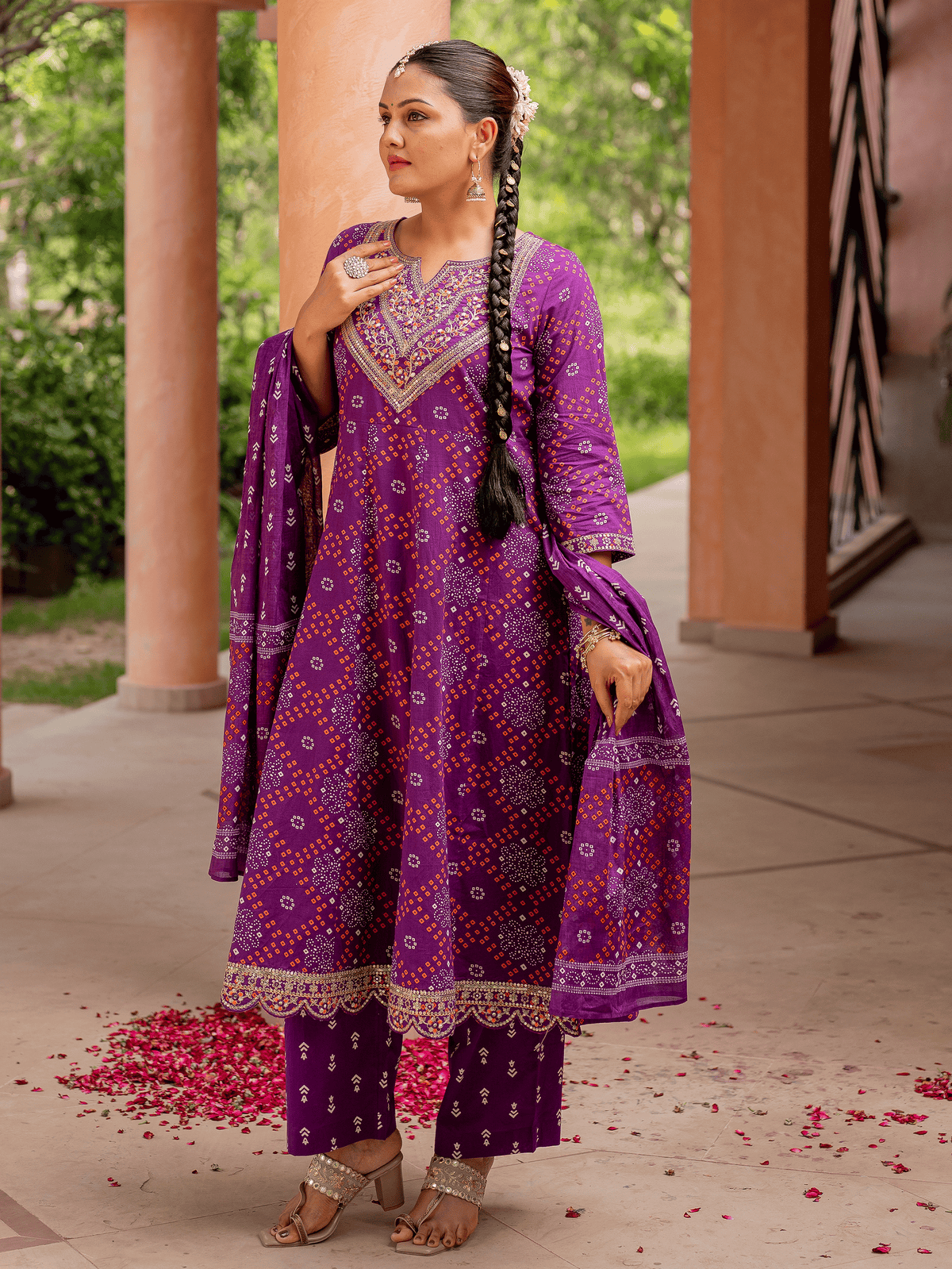 Embroidered soft cotton bandhani anarkali purple kurta