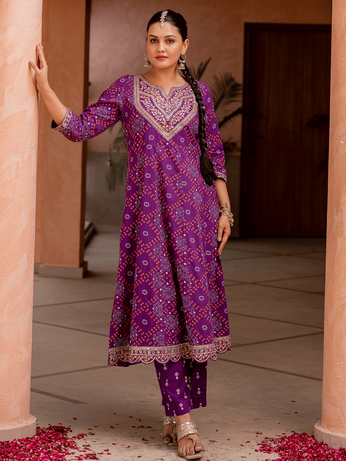 Embroidered soft cotton bandhani anarkali purple kurta