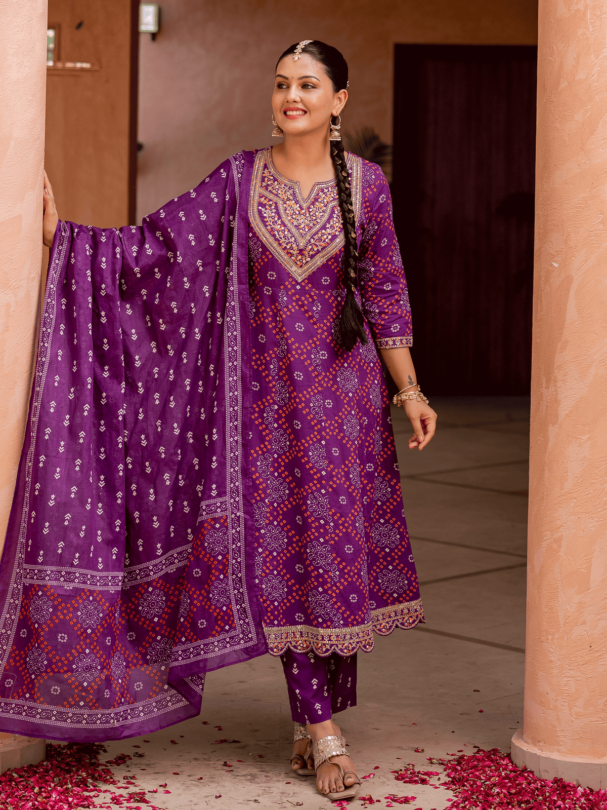Embroidered soft cotton bandhani anarkali purple kurta