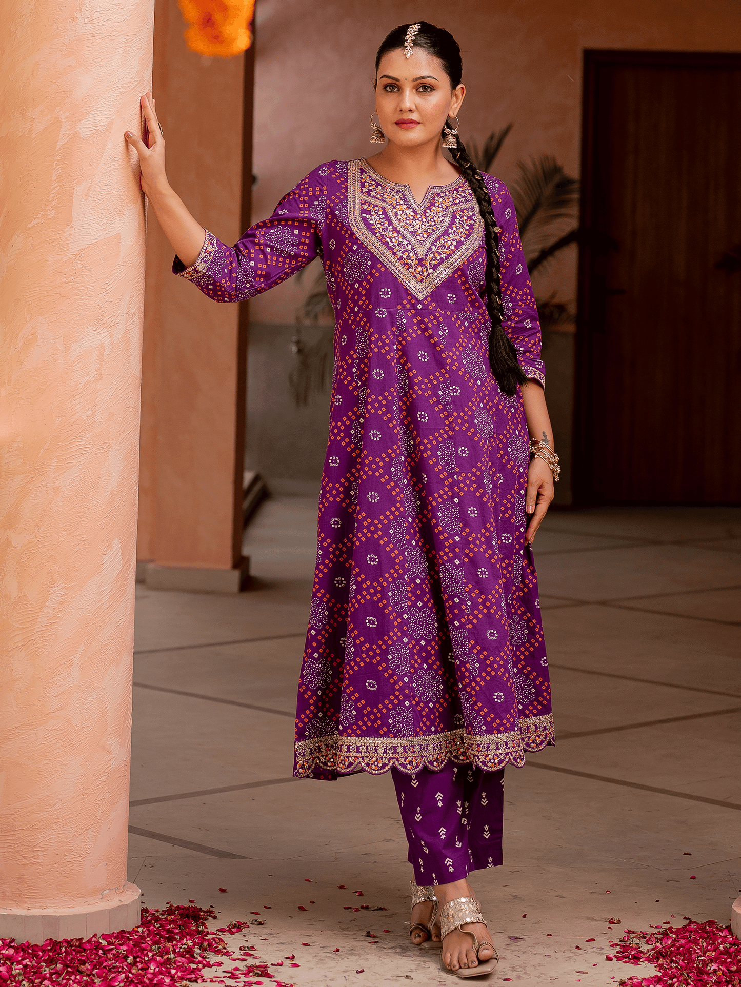Embroidered Soft cotton Bandhani Anarkali Purple Kurta