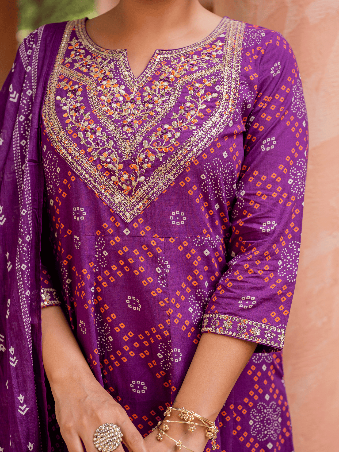 Embroidered Soft cotton Bandhani Anarkali Purple Kurta