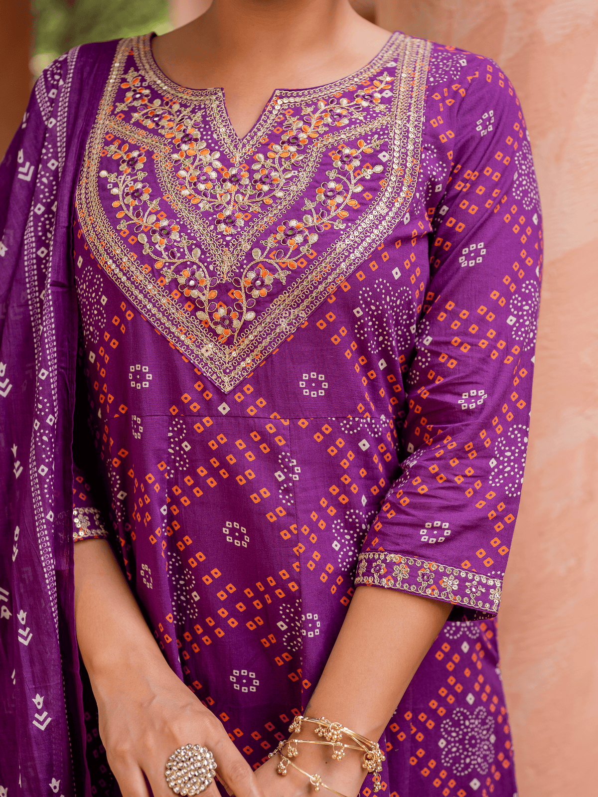 Embroidered soft cotton bandhani anarkali purple kurta