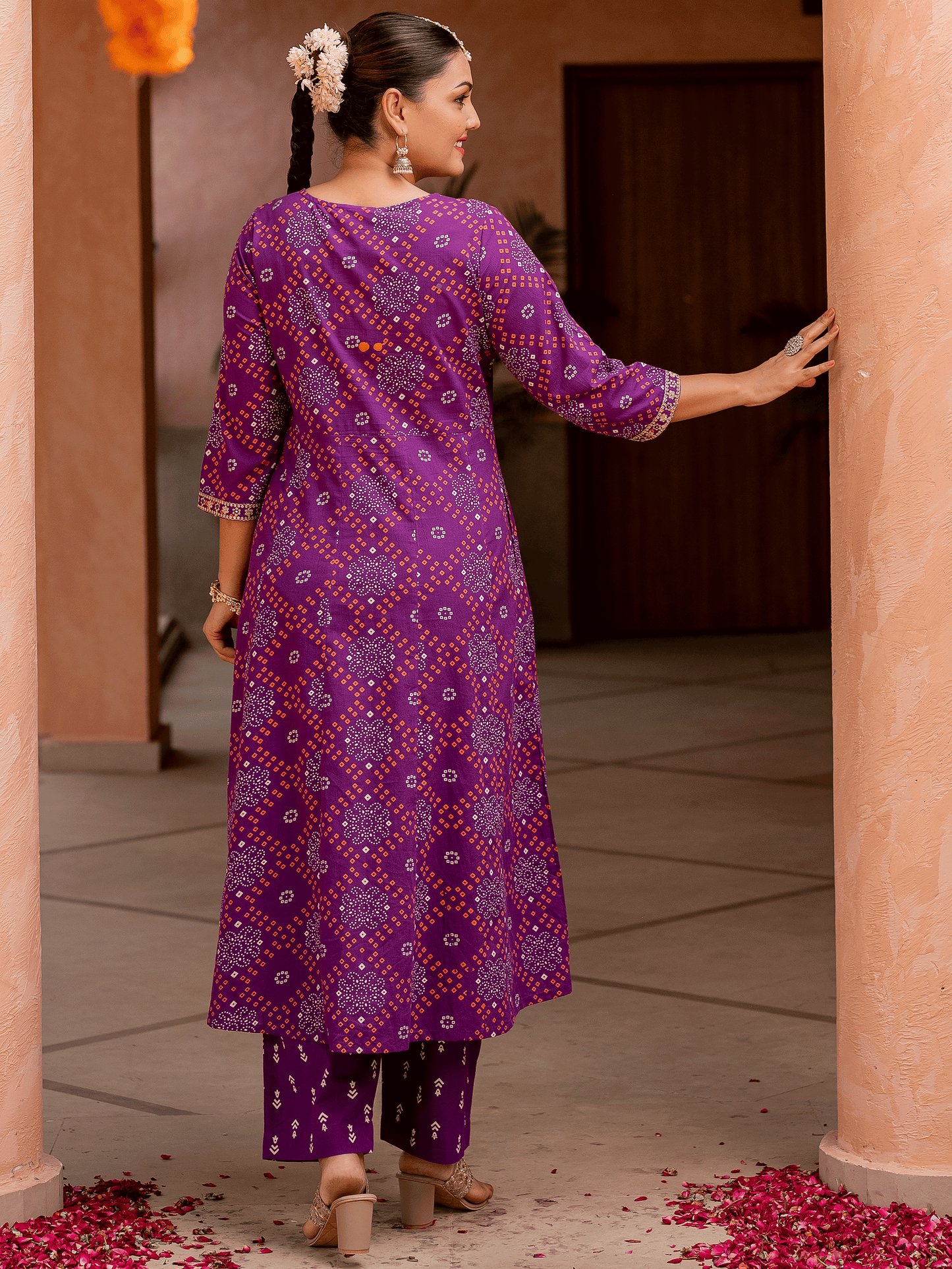 Embroidered Soft cotton Bandhani Anarkali Purple Kurta