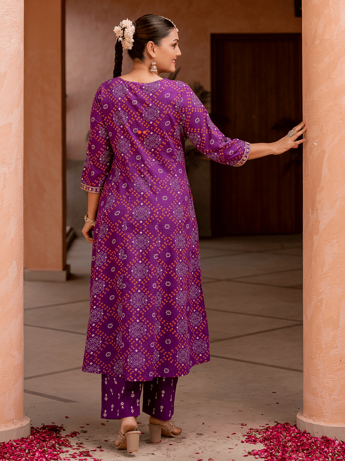Embroidered soft cotton bandhani anarkali purple kurta