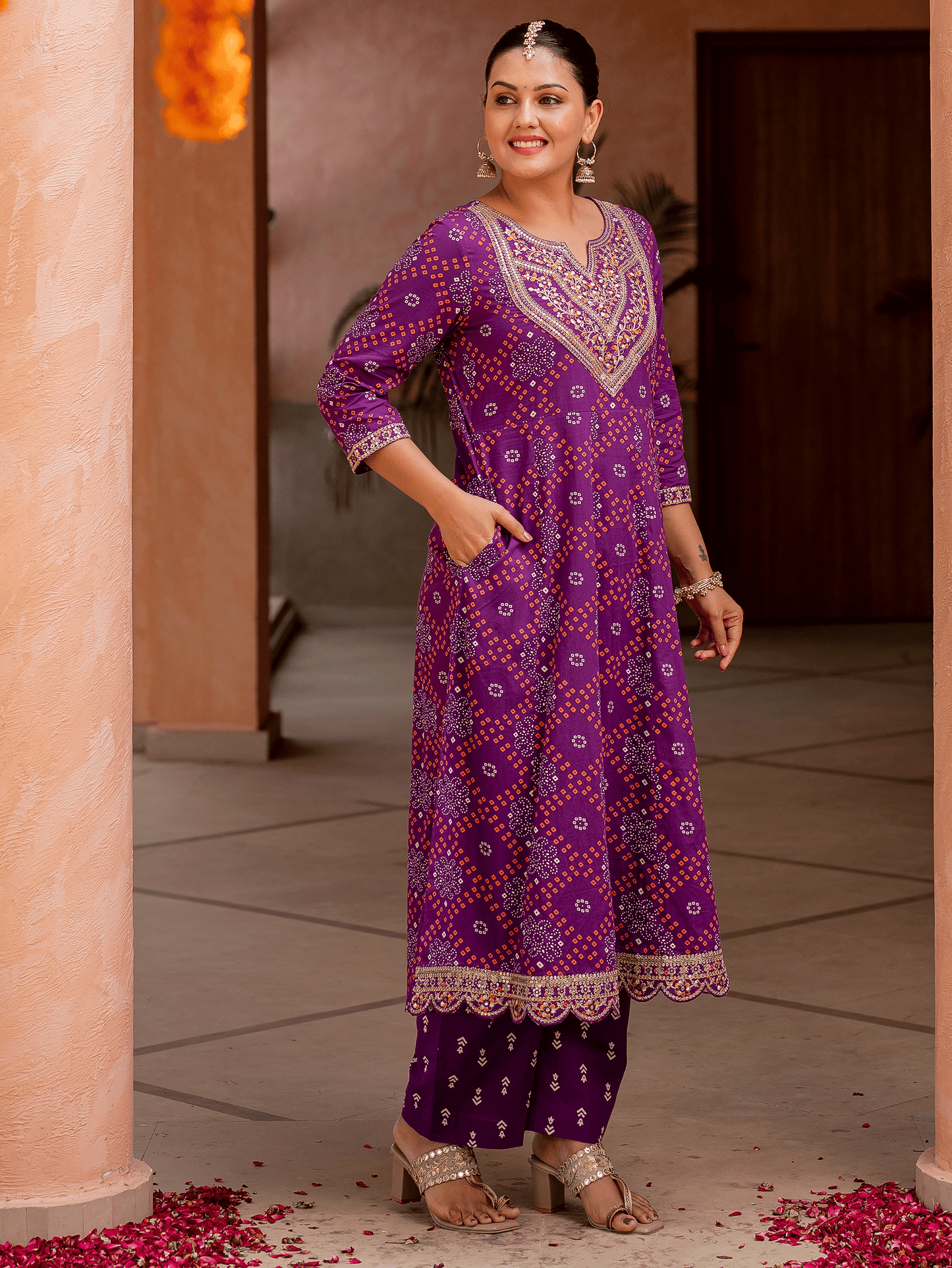 Embroidered Soft cotton Bandhani Anarkali Purple Kurta