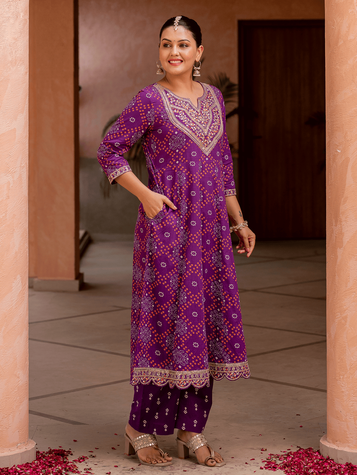 Embroidered soft cotton bandhani anarkali purple kurta