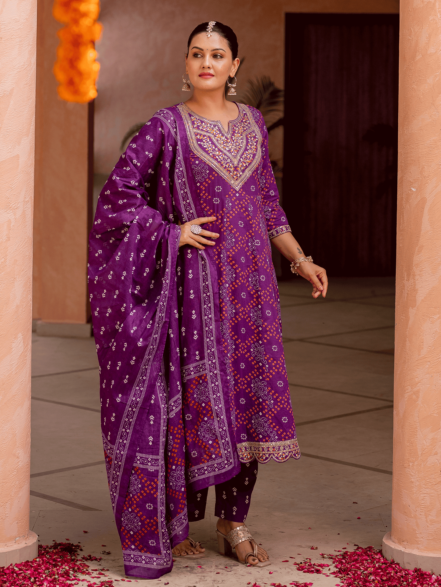 Embroidered Soft cotton Bandhani Anarkali Purple Kurta