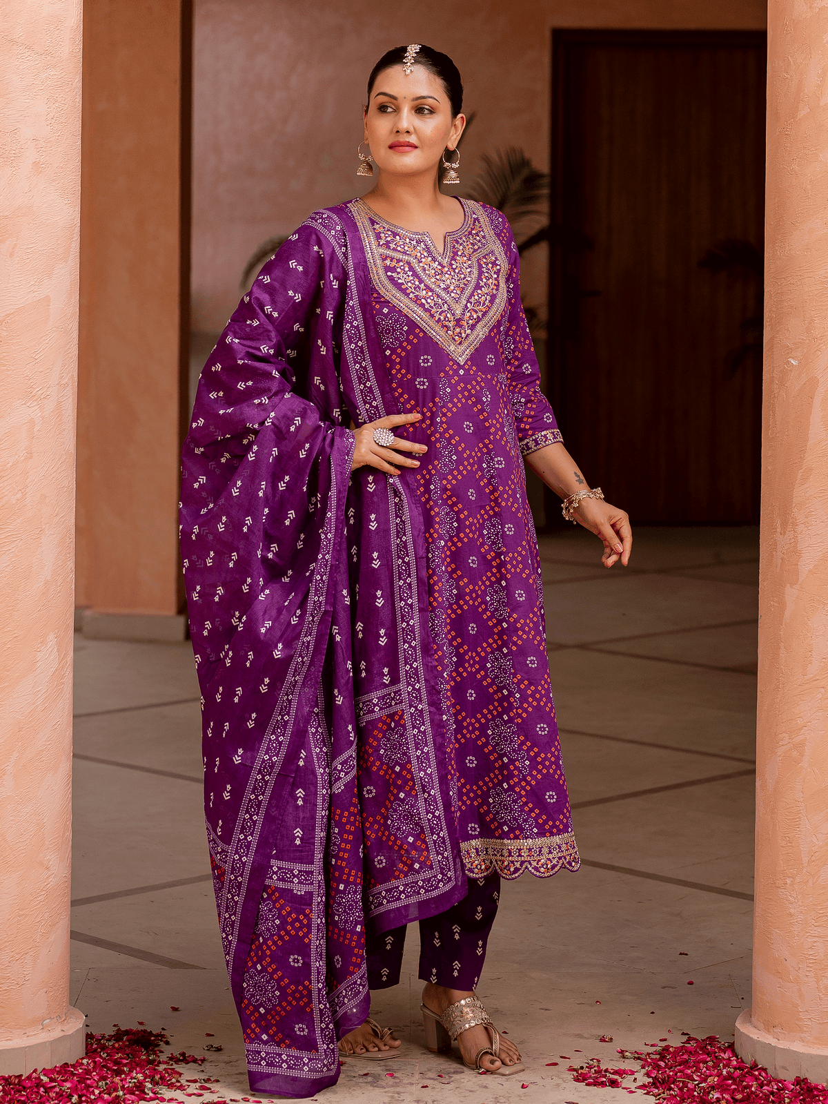 Embroidered soft cotton bandhani anarkali purple kurta