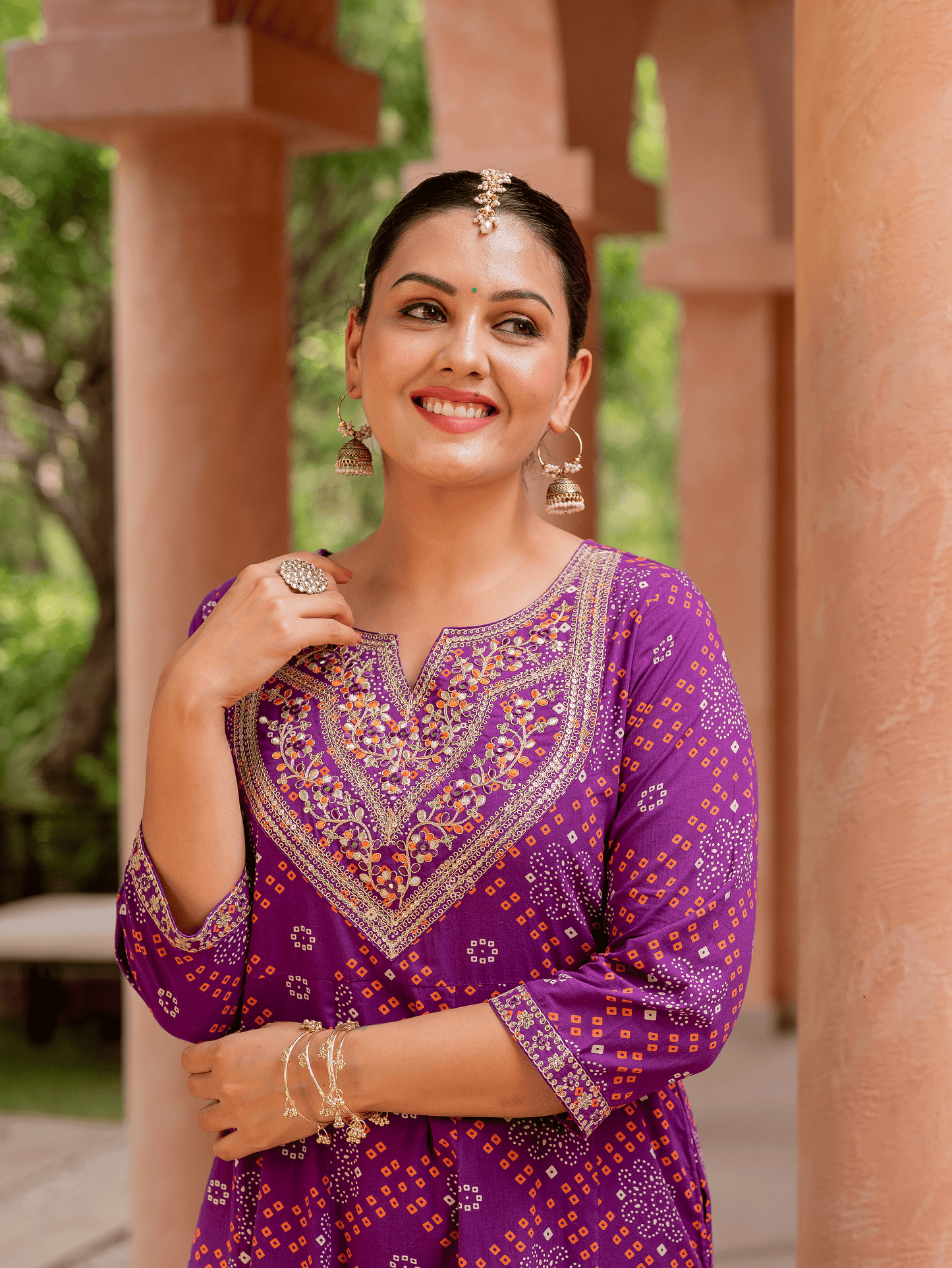 Embroidered Soft cotton Bandhani Anarkali Purple Kurta