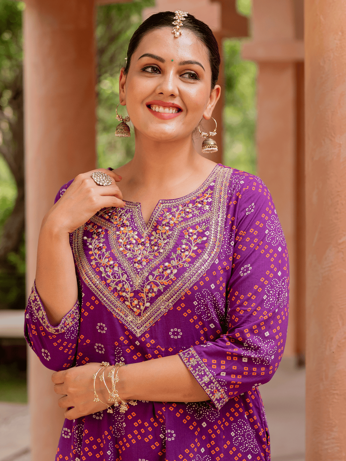 Embroidered soft cotton bandhani anarkali purple kurta
