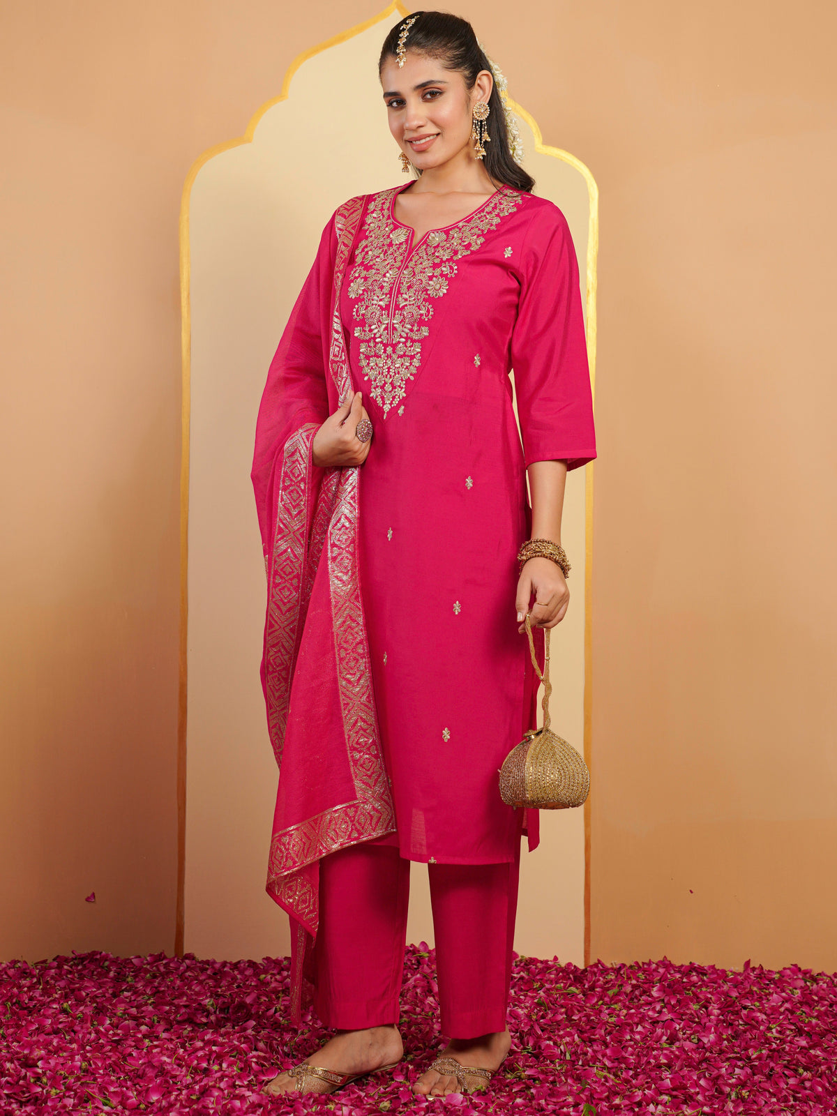 chanderi floral anarkali gold dupatta