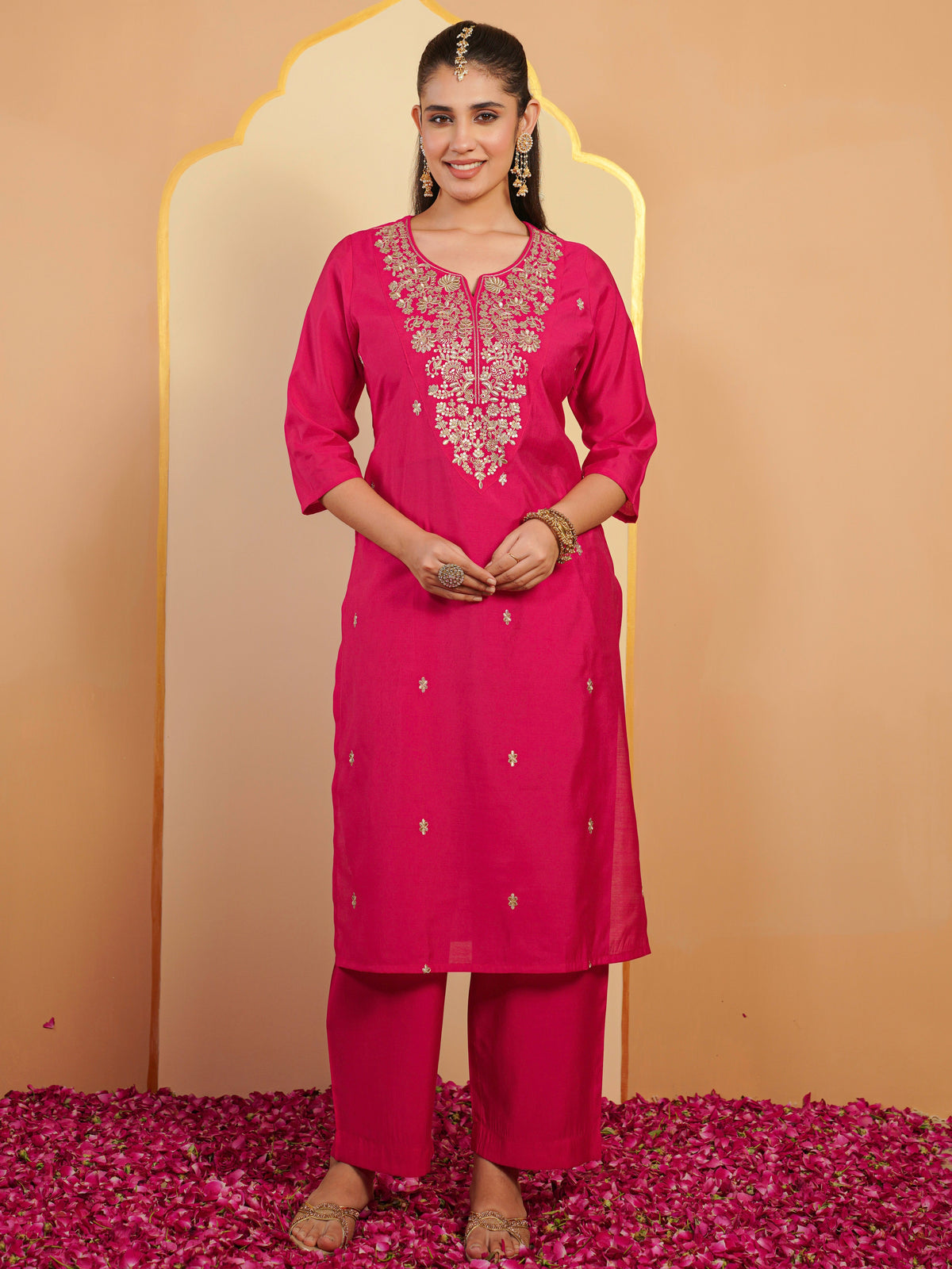 Embroidered chanderi solid straight pink kurta