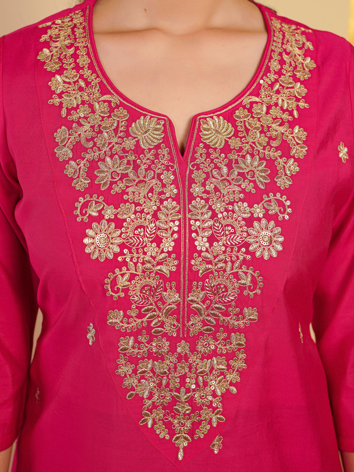Embroidered chanderi solid straight pink kurta