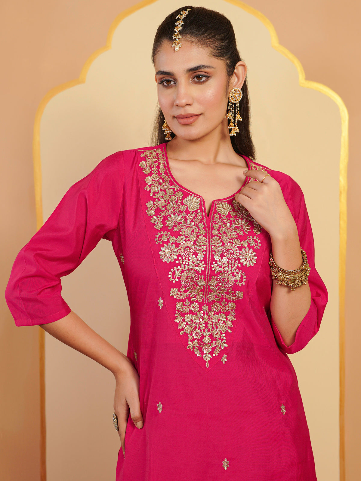 Embroidered chanderi solid straight pink kurta