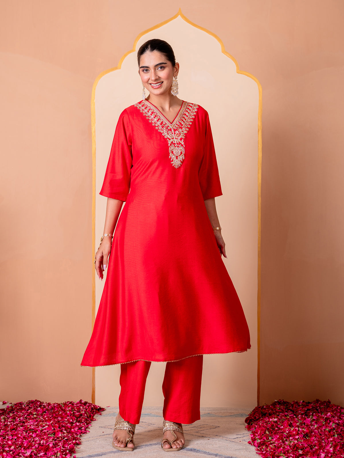 Embroidered Blended Silk Solid Straight Red Kurta