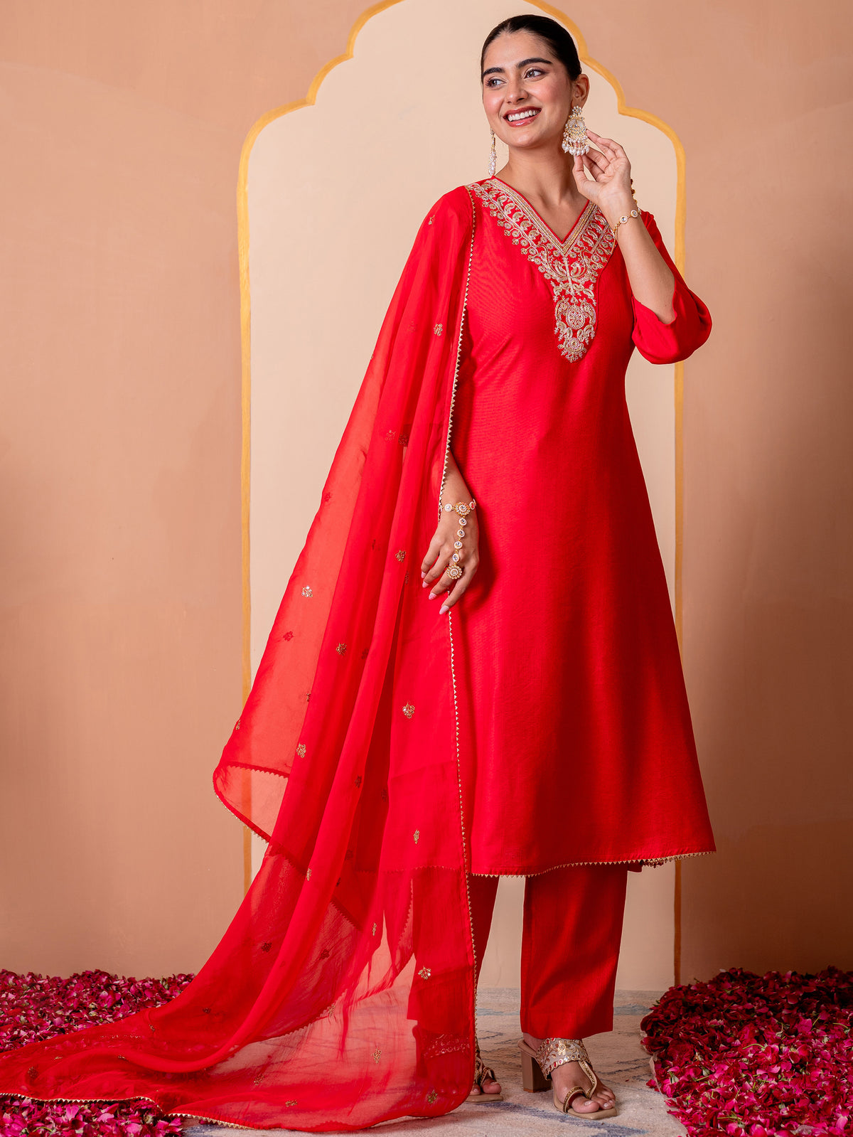 Embroidered Blended Silk Solid Straight Red Kurta