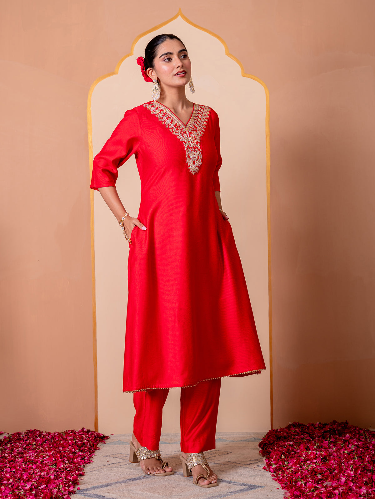 Embroidered Blended Silk Solid Straight Red Kurta