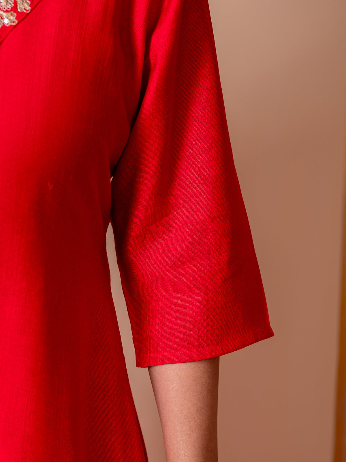 Embroidered Blended Silk Solid Straight Red Kurta