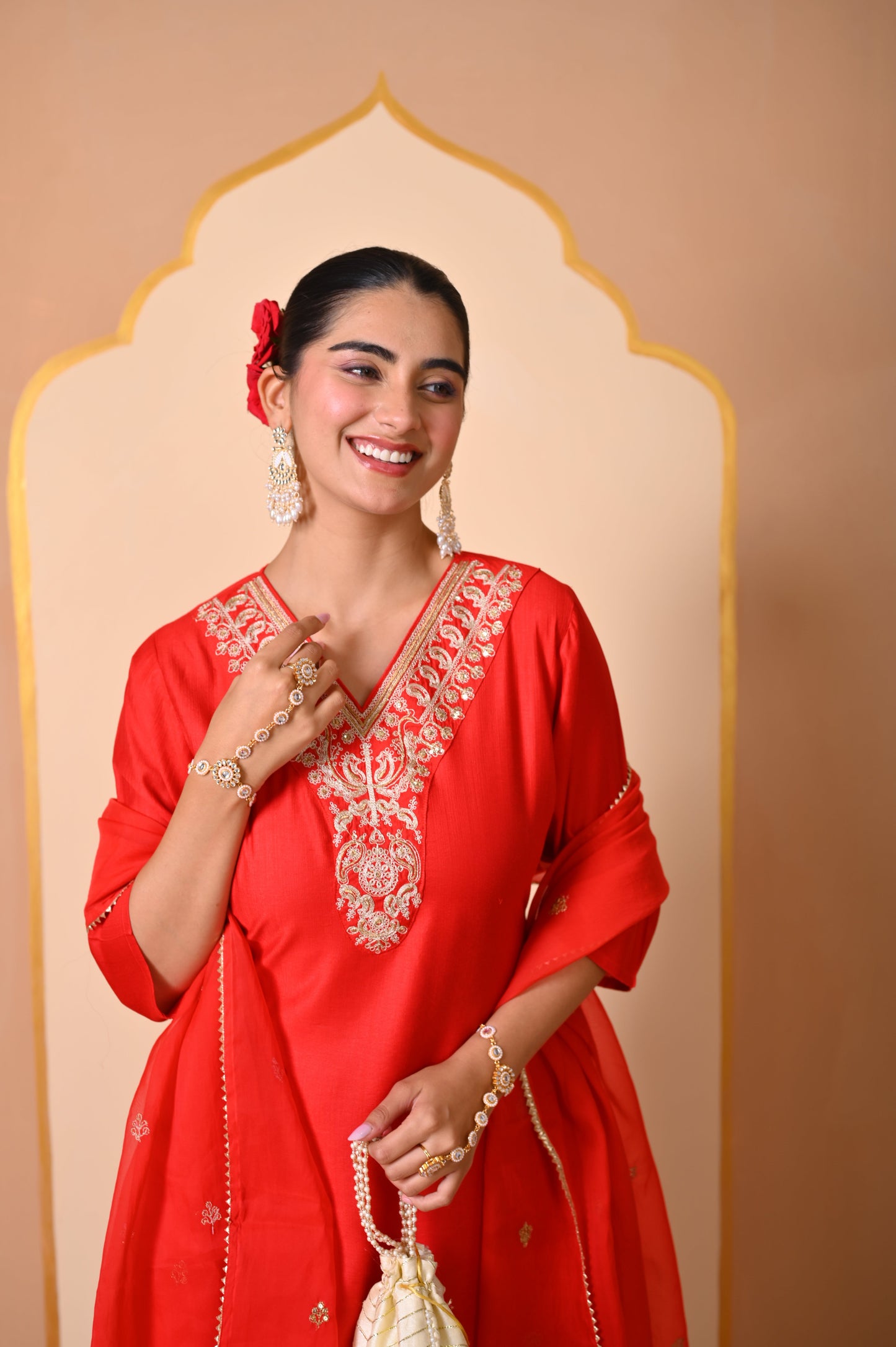 Embroidered Blended silk Solid Straight Red Kurta