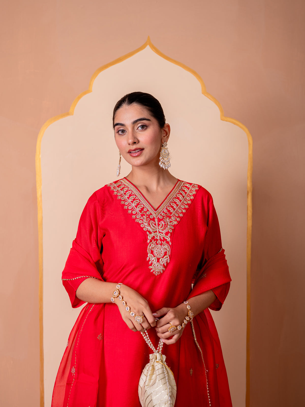 Embroidered Blended Silk Solid Straight Red Kurta