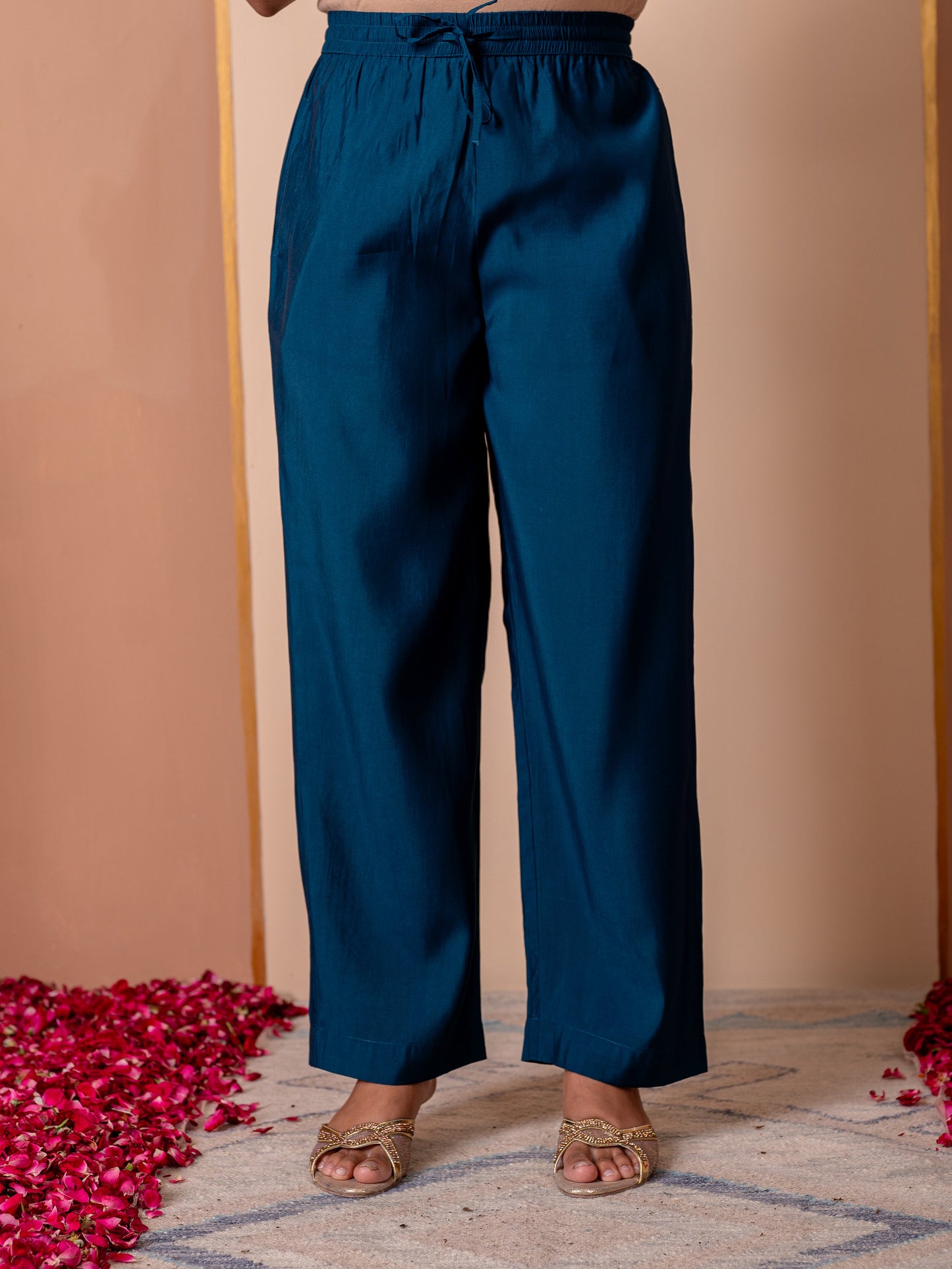 Embroidered Chanderi Solid Blue Straight Trousers