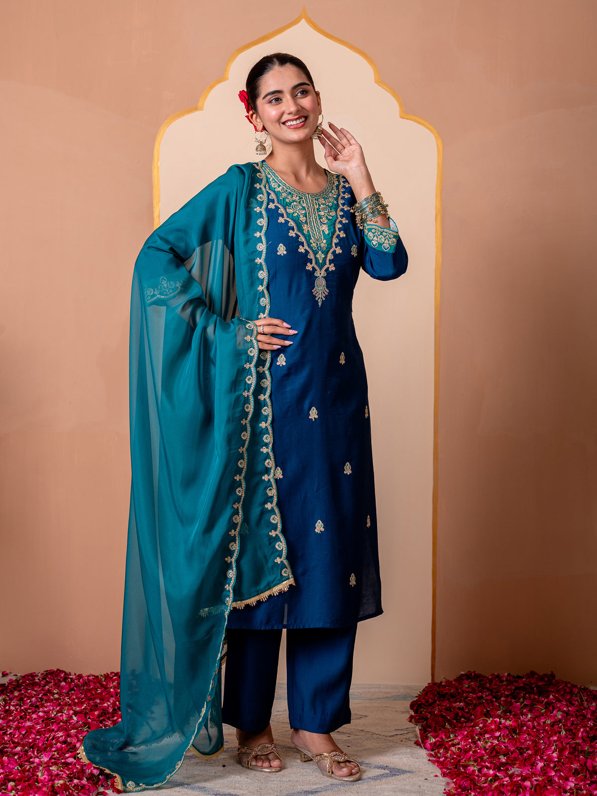 Embroidered chanderi solid straight blue kurta