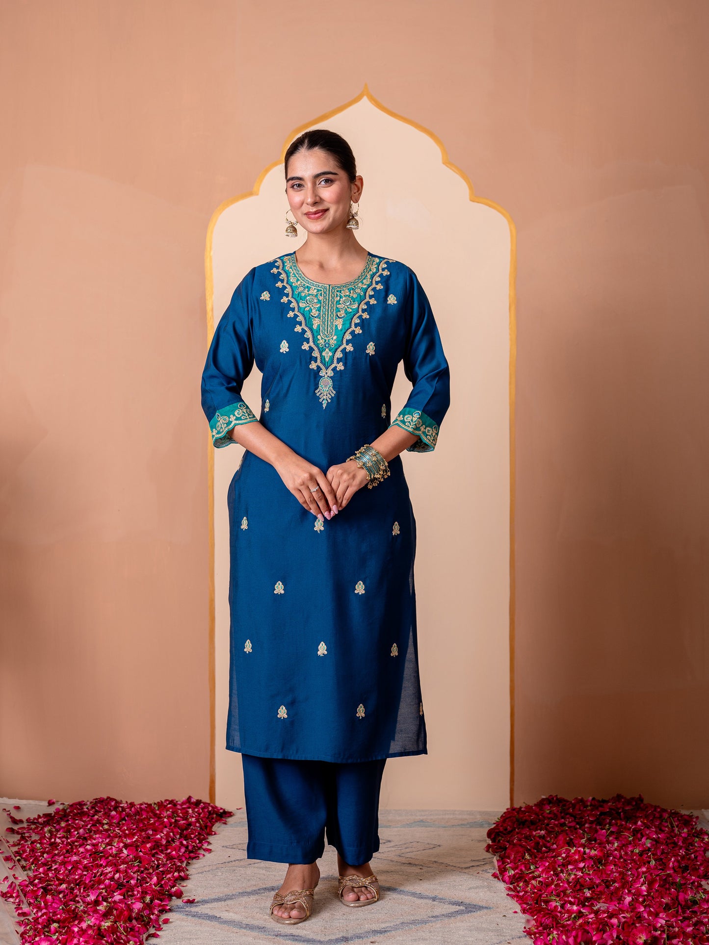 Embroidered Chanderi Solid Straight Blue Kurta