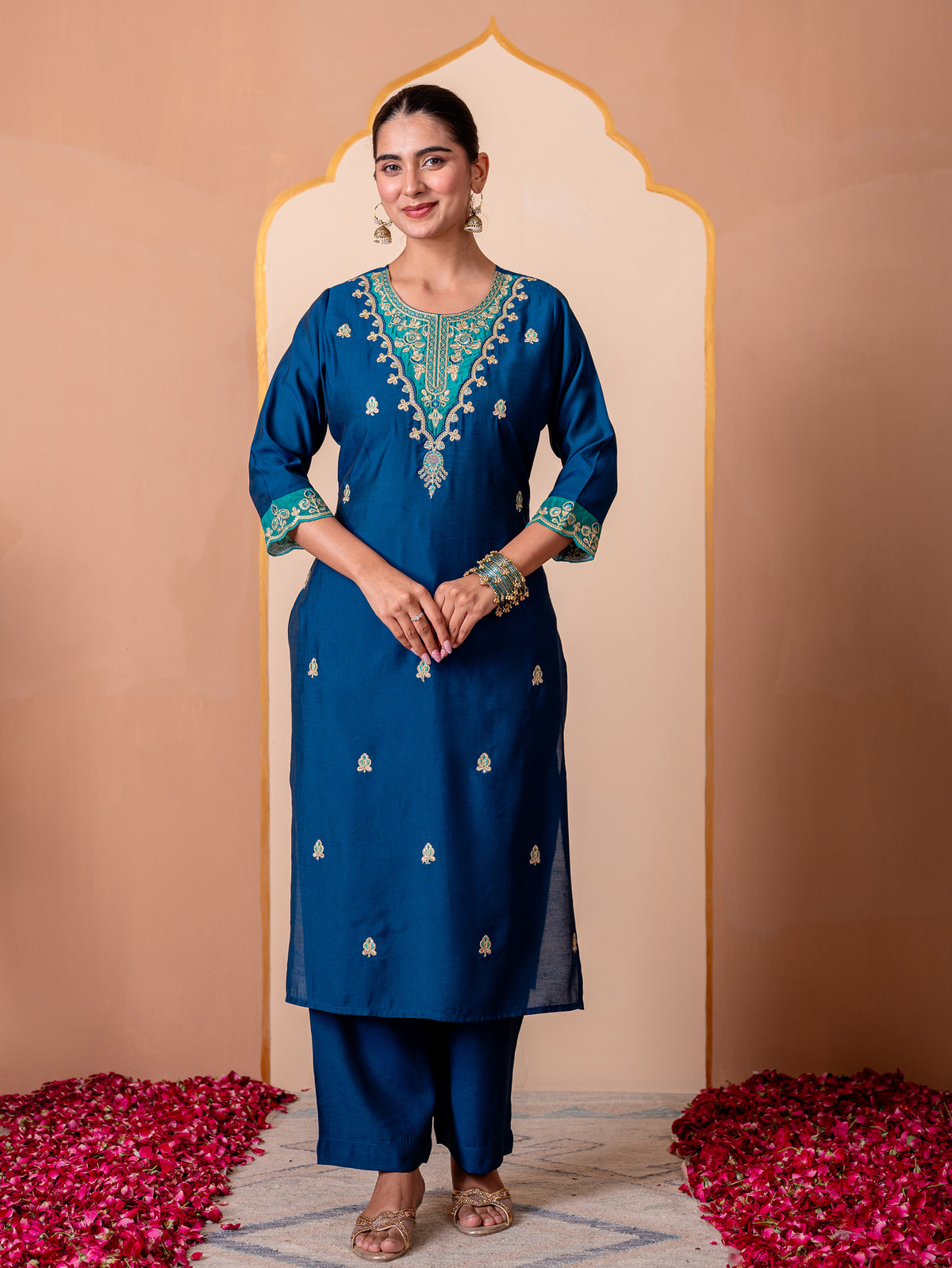Embroidered chanderi solid straight blue kurta