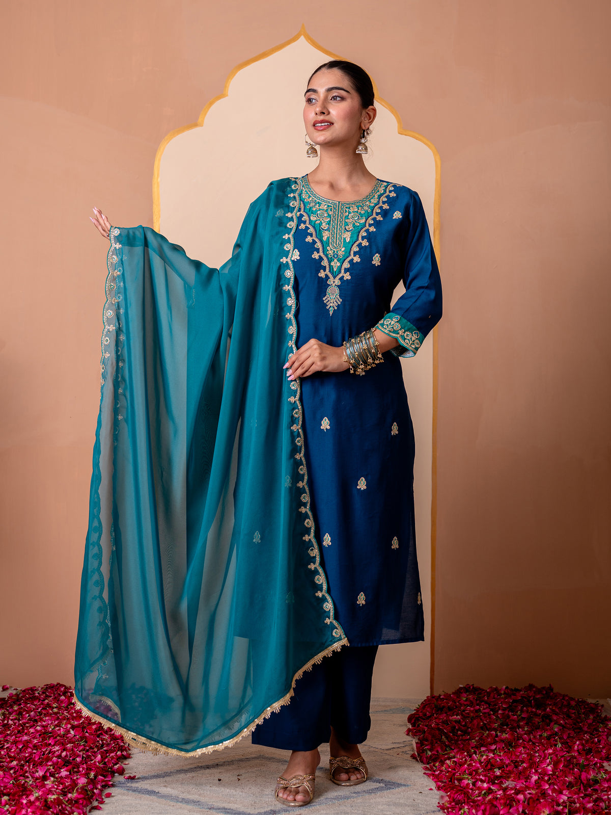 Embroidered chanderi solid straight blue kurta