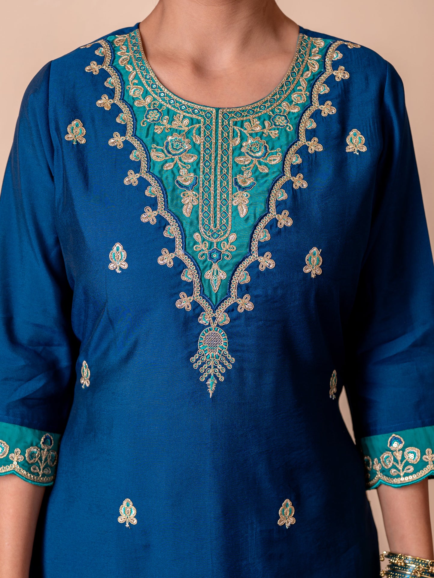 Embroidered Chanderi Solid Straight Blue Kurta