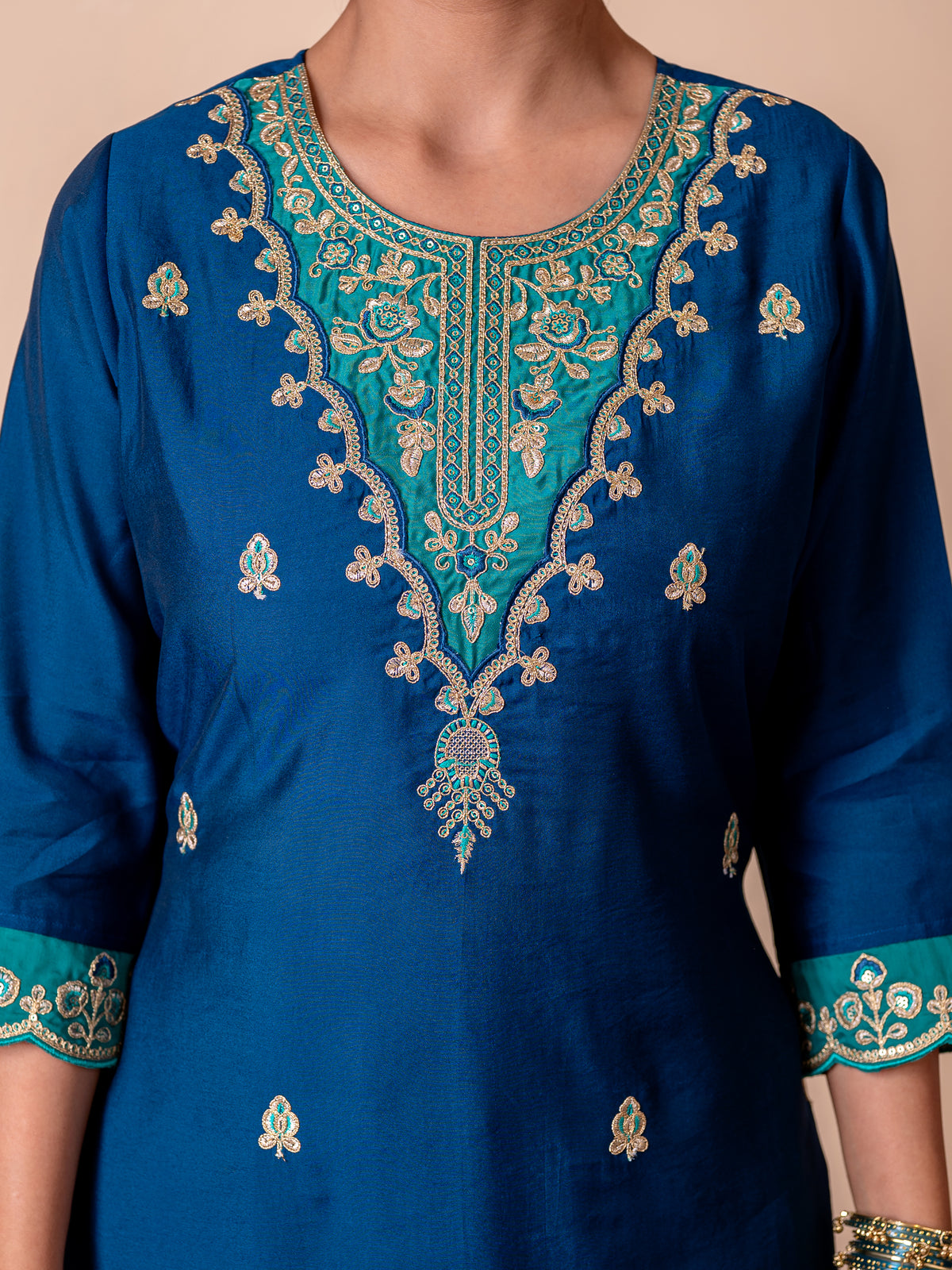 Embroidered chanderi solid straight blue kurta