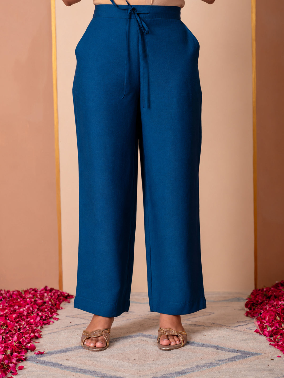 Embroidered chanderi solid straight blue kurta