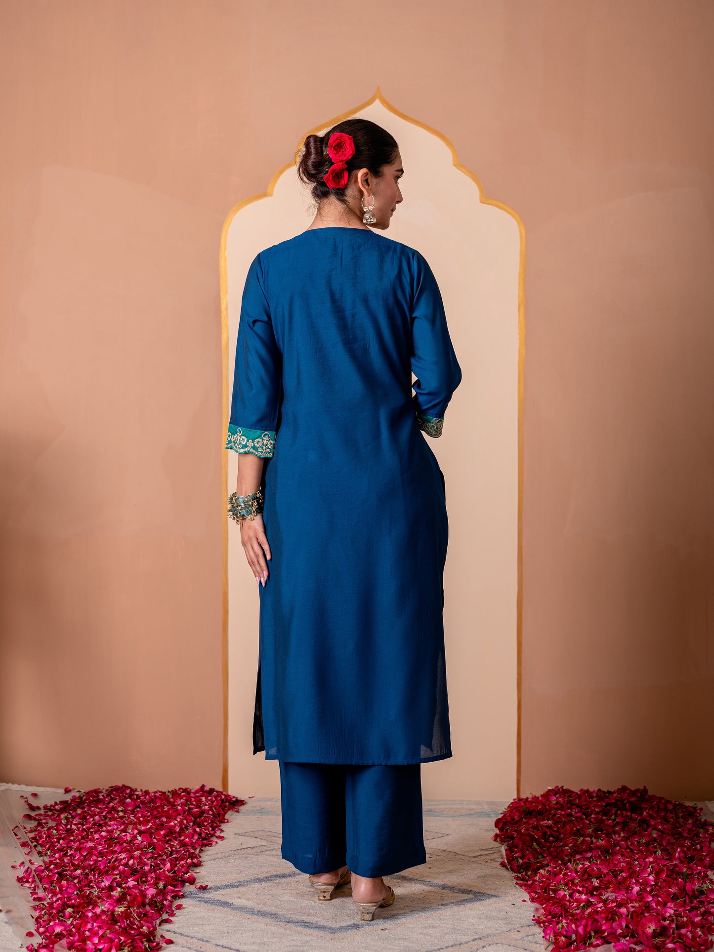 Embroidered Chanderi Solid Straight Blue Kurta