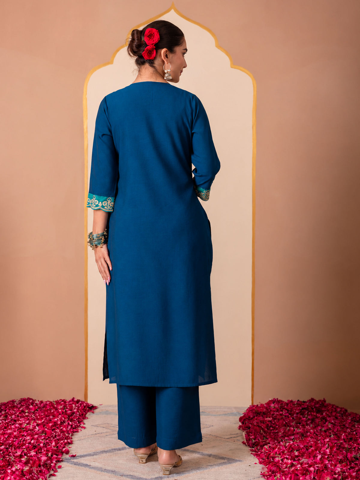 Embroidered chanderi solid straight blue kurta