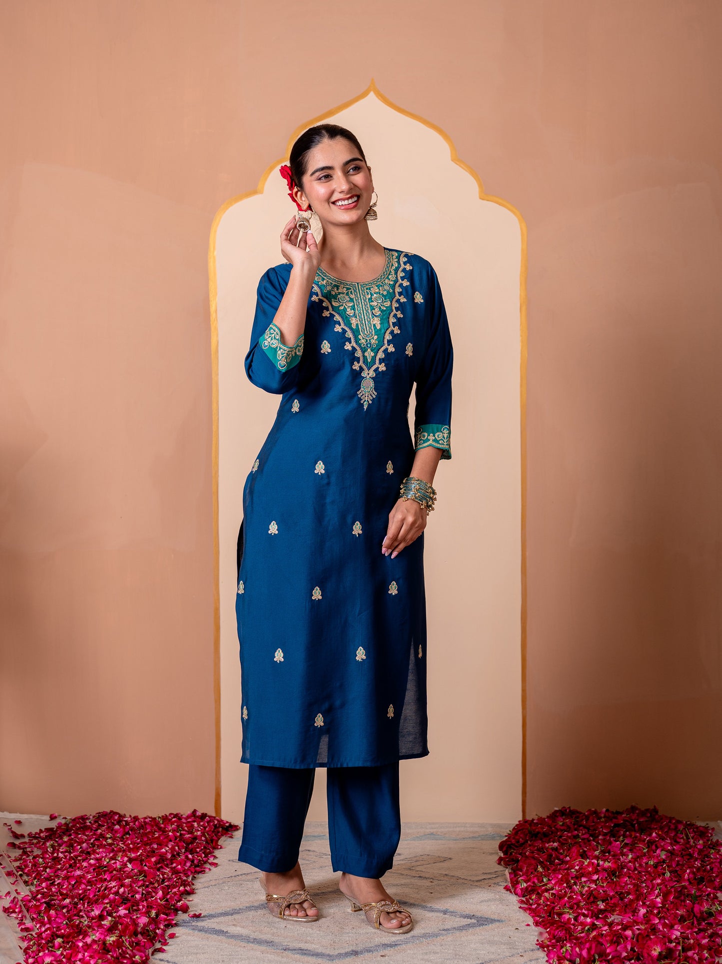 Embroidered Chanderi Solid Straight Blue Kurta
