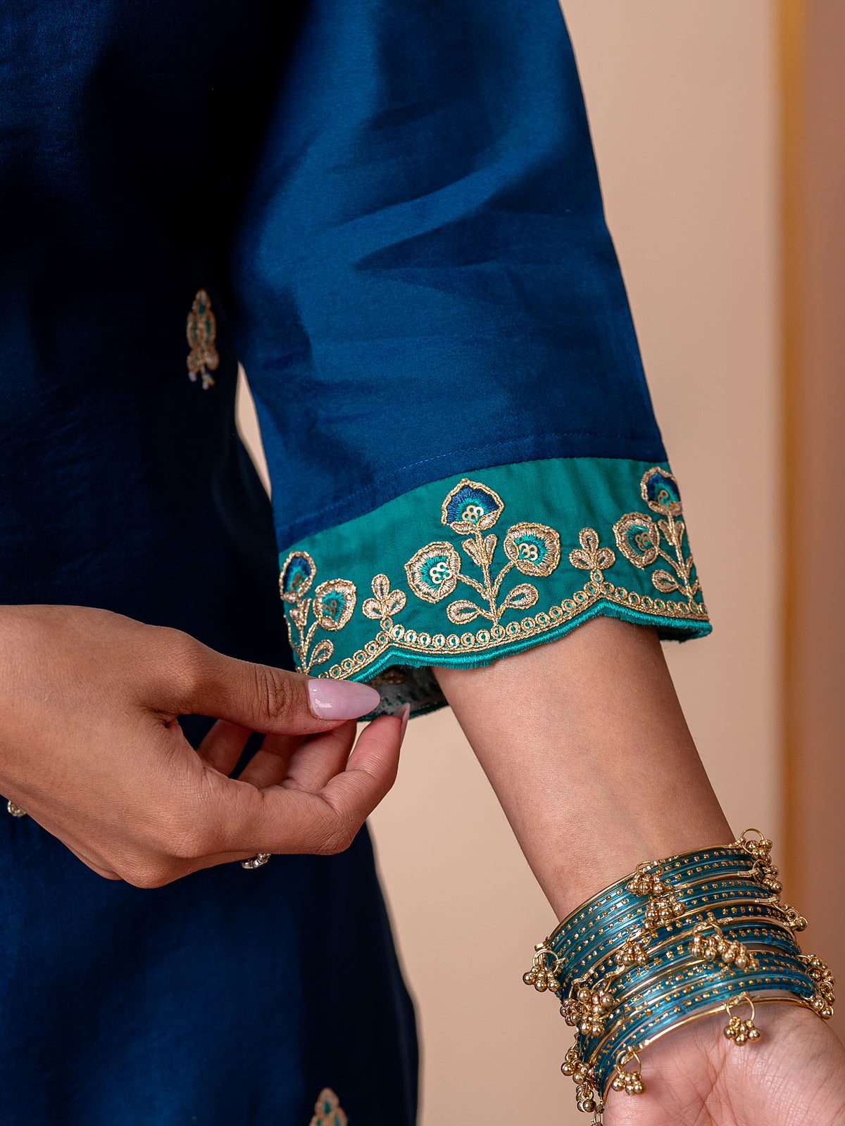 Embroidered chanderi solid straight blue kurta