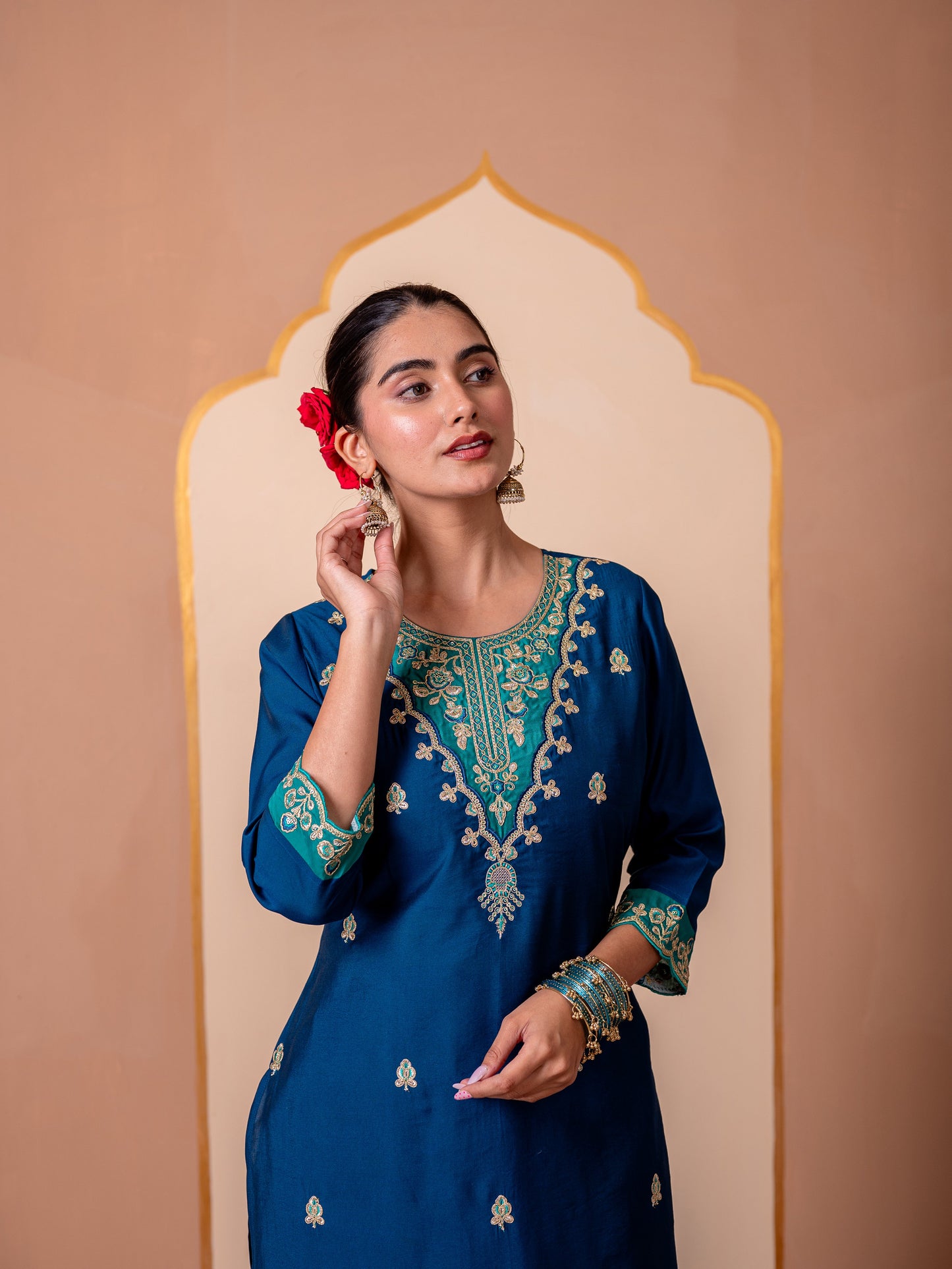 Embroidered Chanderi Solid Straight Blue Kurta