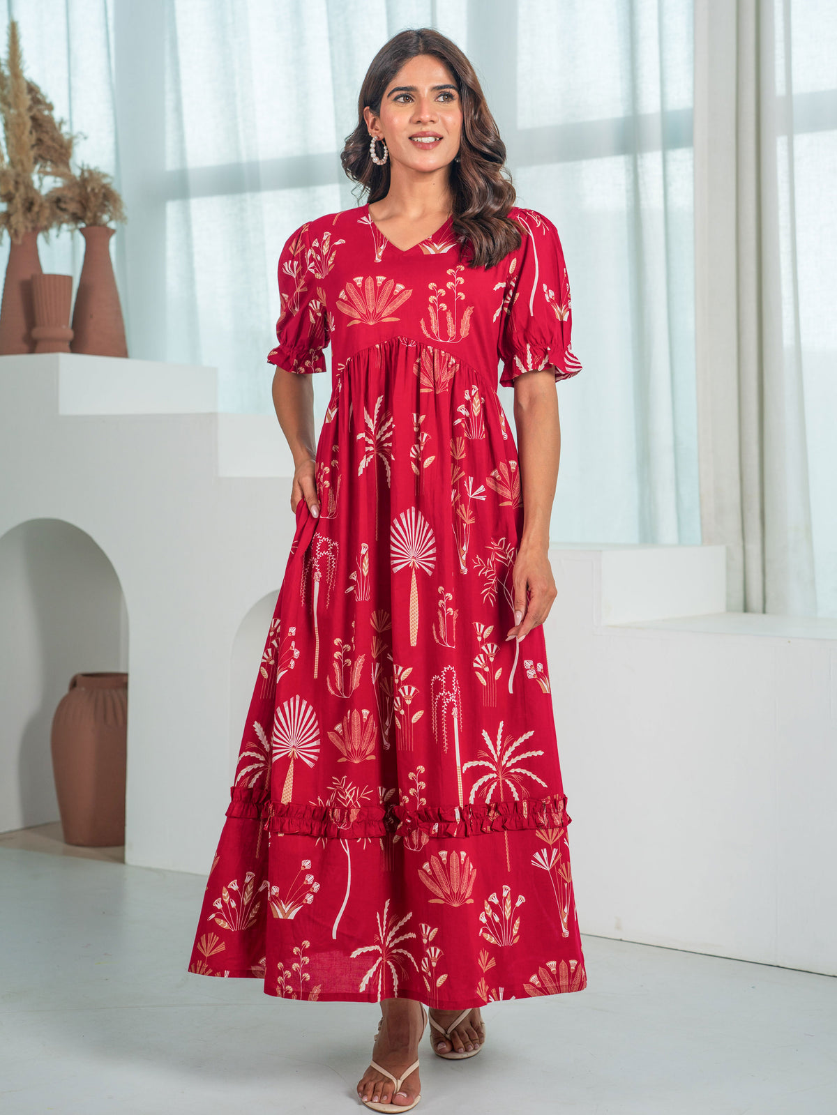 Soft Cotton Floral Anarkali Red Dress
