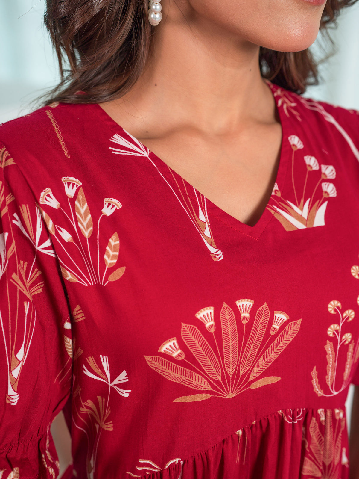 Soft Cotton Floral Anarkali Red Dress