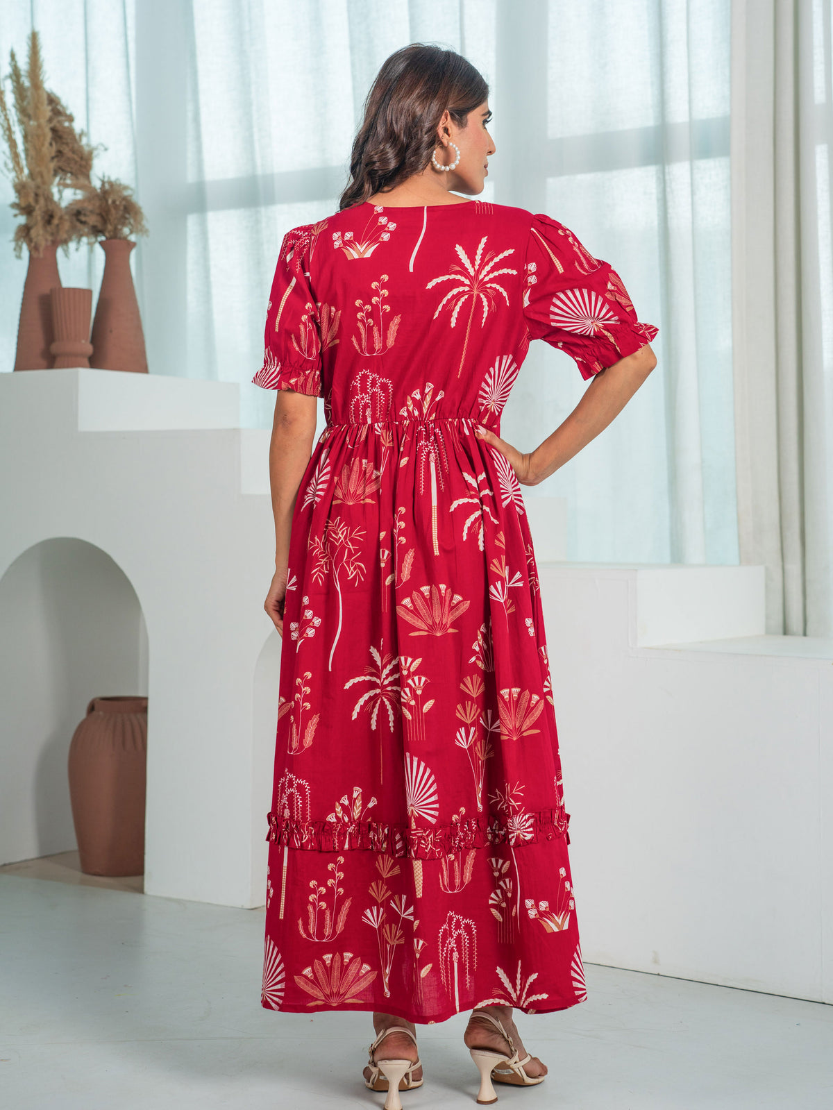 Soft Cotton Floral Anarkali Red Dress