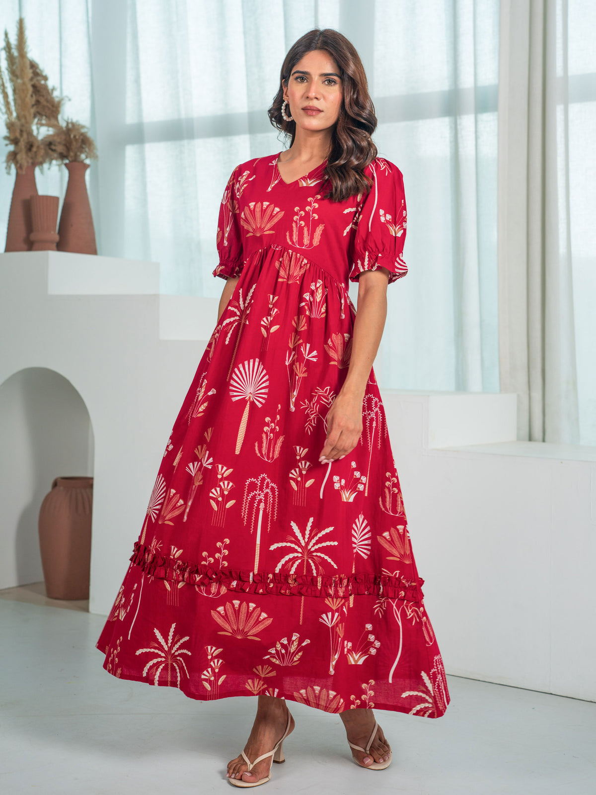 Soft Cotton Floral Anarkali Red Dress